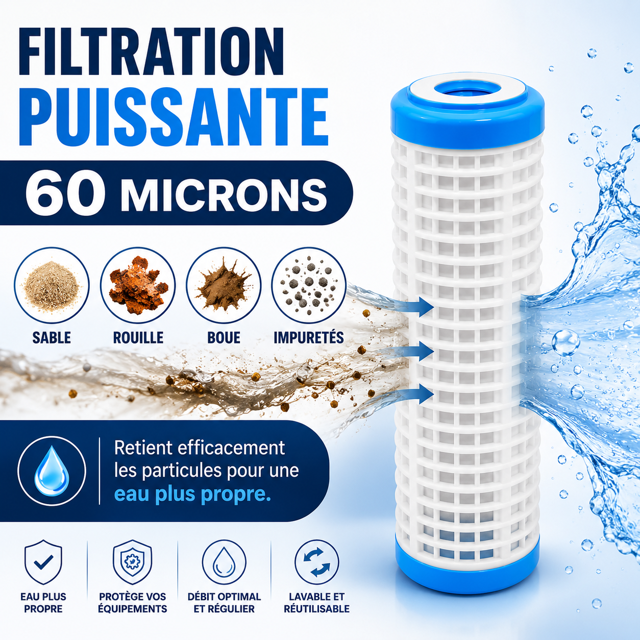 Filtre lavable 10" 60 microns réutilisable