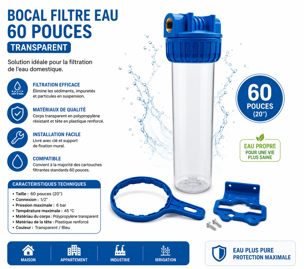 Bocal filtre eau 60 pouces transparent